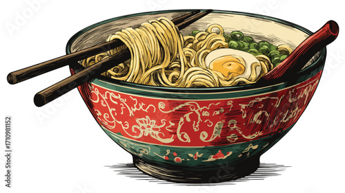 Colorful Cartoon Ramen Noodle Bowl Vector Illustration