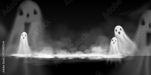 Spooky ghost scene with mist and floating spirits on dark background. Ideal for Halloween banners, eerie wallpapers, fantasy party invitations, or surreal haunted house visual effects