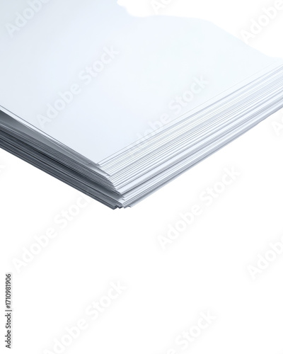 White paper stack, close-up studio shot, clean background, printing