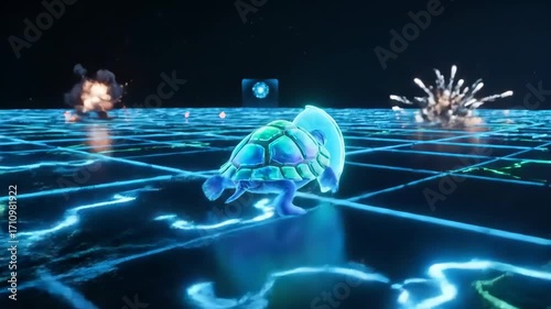 Animated Turtle in Digital World: An animated turtle navigates a futuristic digital landscape. Showcasing the fusion of nature and technology in a visually captivating scene.
