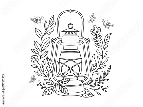 Vintage lantern line art illustration with moths and decorative leaves in folk rustic sketch style