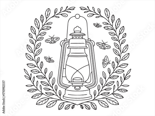 Vector outline lantern drawing with moths and foliage, rustic camping and tattoo art design