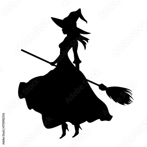 Vector silhouette illustration of a witch with hat and broom, elegant Halloween character design in black, mystical magical artwork for spooky holiday decoration and fantasy theme