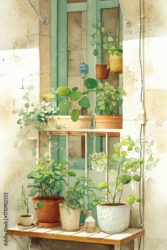 Watercolor illustration of a vibrant indoor garden with various potted plants arranged on a wooden shelf beside a window, showcasing a serene and lush atmosphere
