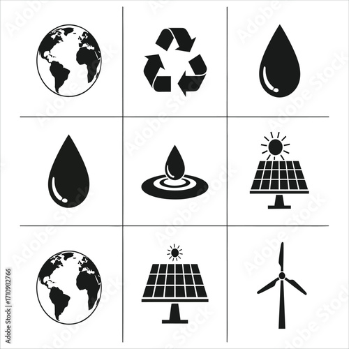 Eco-Friendly Icons Set Earth, Recycle, Water, Solar Panel, Wind Turbine