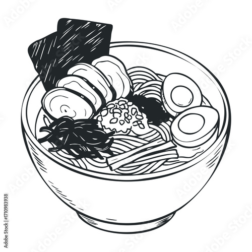 Delicious ramen bowl presentation japanese cuisine food art atmospheric setting aesthetic perspective. Vector illustration