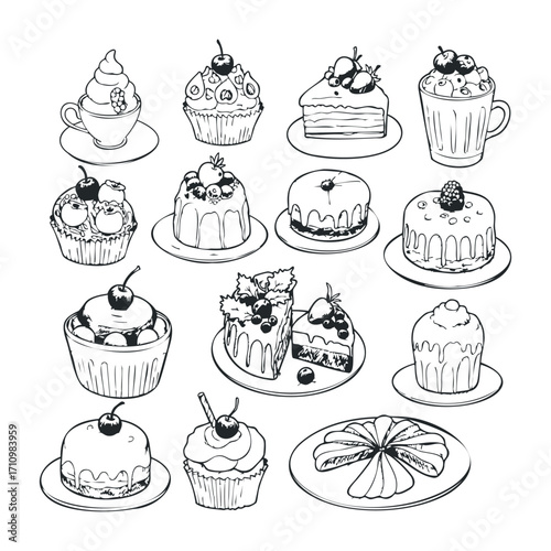 Delicious desserts displayed bakery illustrative collection whimsical style top-down view sweet treats concept. Vector illustration