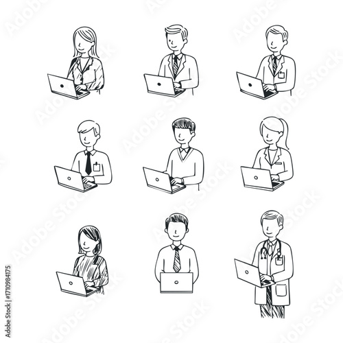 Collaborative work in digital environments diverse professionals engaged on laptops in a creative workspace. Vector illustration