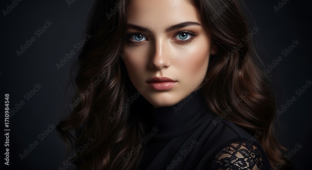 Fototapeta premium Beautiful woman with blue eyes in a black turtleneck portrait