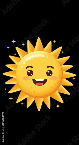 Joyful cartoon sun with sparkling stars radiates warmth and happiness, perfect for kids' designs