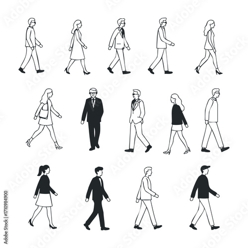 Dynamic urban walkers city street illustration minimalist style side view movement illustration for creative projects. Vector illustration