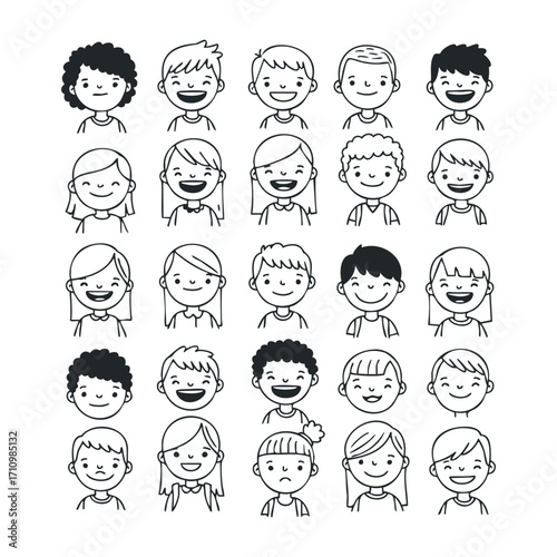 Cheerful children portraits studio setting illustration friendly atmosphere eye-level view joyful expressions. Vector illustration