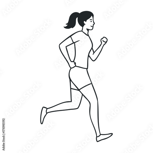Running woman in urban park fitness activity outdoor environment dynamic viewpoint health concept. Vector illustration