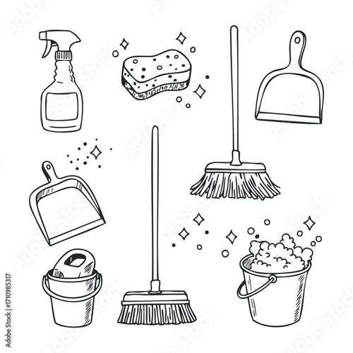 Cleaning supplies and tools home illustration indoor top view household management. Vector illustration