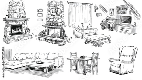 Elegant Black and White Sketch Collection of Cozy Home Interiors for Interior Design Inspiration