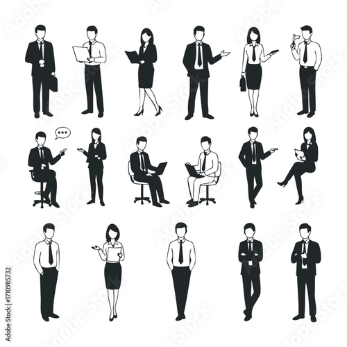 Business professionals engaging in various activities in office setting illustration creative design. Vector illustration