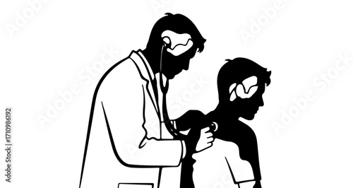 Professional doctor listens to patient's lungs with stethoscope during a vital checkup, emphasizing care and health.
