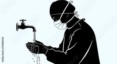 Surgeon washing hands before surgery for a clean and safe operation, a modern design for healthcare professionals emphasizing hygiene and patient safety