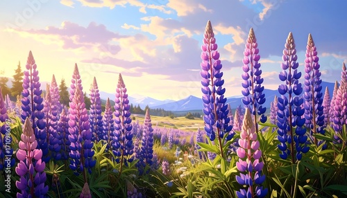 A vibrant field of lupines in a mountainous landscape bathed in the warm glow of sunrise.