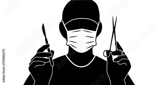 Skilled surgeon poised with scalpel and scissors, ready for precise medical intervention in sterile operating environment