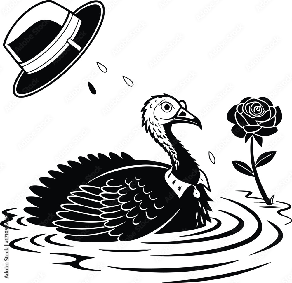 Fototapeta premium Black and white illustration of a turkey in water with a hat and rose bird pond