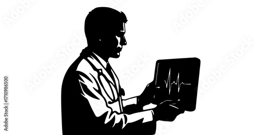Professional doctor intently examining patient's electrocardiogram on modern tablet, visualizing health diagnostics and medical care.