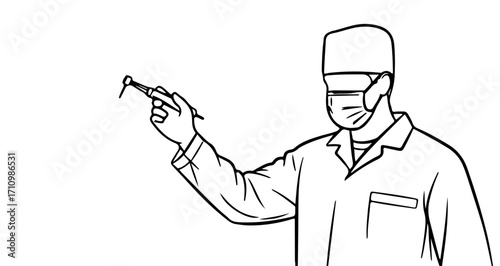 Clean line art drawing of masked dentist holding drill, perfect for healthcare brochures or dental clinic websites needing a modern, professional touch