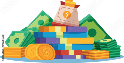 Vector art of pile of money with coins and bills, representing wealth and financial success, , perfect for finance illustrations