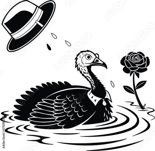 Black and white illustration of a turkey in water with a hat and rose bird pond