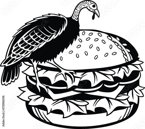 Black and white illustration of a turkey perched on a large burger bird hamburger