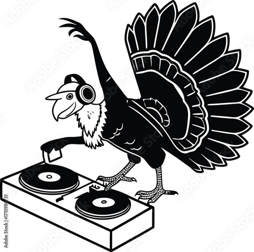 Black and white turkey wearing headphones D Js at turntables bird