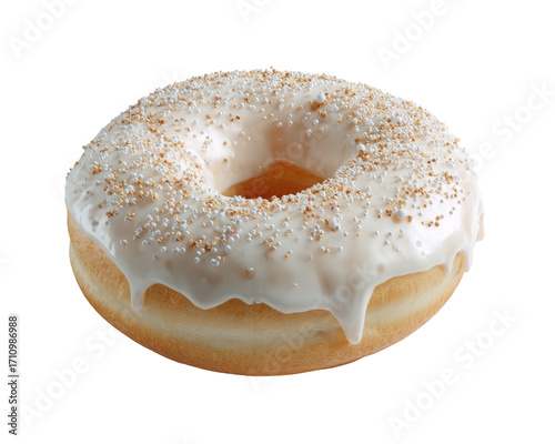 Round donut, frosted in light beige icing, sprinkled with small white beads