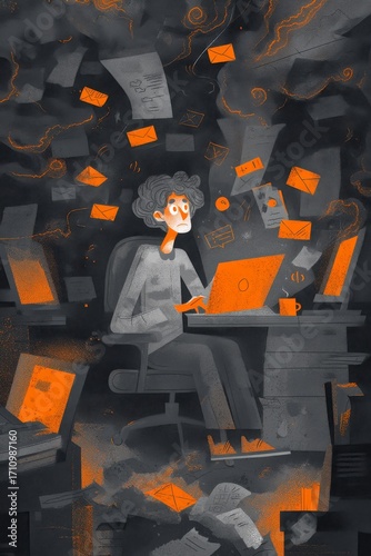 Illustration of a stressed young man working at a cluttered desk, surrounded by papers and emails, depicting the chaos of modern digital communication and multitasking challenges