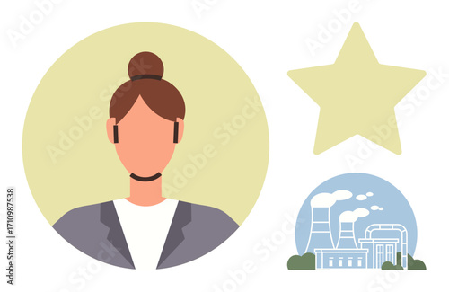 Female professional in formal attire, industrial facility emitting steam, and a prominent star. Ideal for leadership, industrial workforce, sustainability, recognition, career growth, energy sector