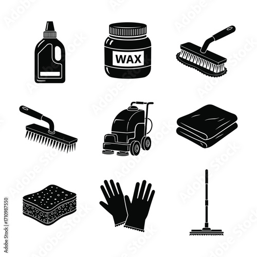 Cleaning supplies and equipment icons including bottle wax brush sponge gloves mop and floor polisher