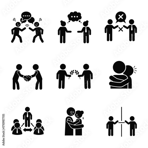 Diverse human interaction icons showing conflict agreement support and separation icon set human figures