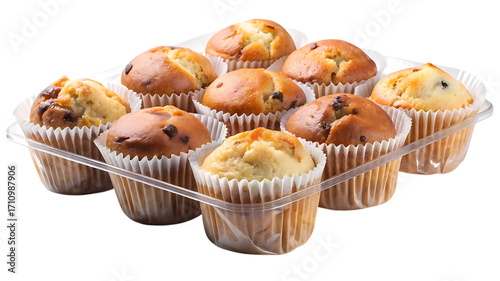 Delicious muffins in a plastic container isolated on transparent background perfect for breakfast, snack, or dessert, these muffins are a tasty treat