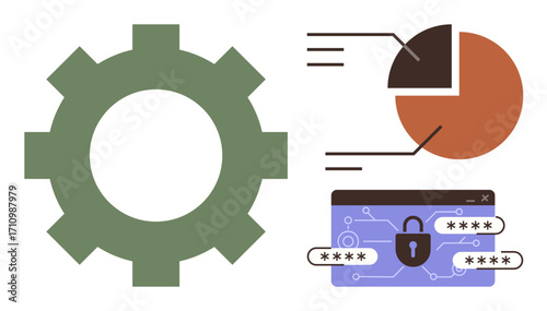 Gear symbol representing process optimization, pie chart for data analytics, and a secured digital interface for cybersecurity. Ideal for technology, data, security, innovation, software, analysis