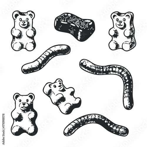 Colorful gummy bears and worms candy display food photography bright environment top view sweet treats. Vector illustration