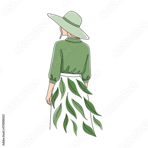 Woman in green hat and dress with leaves on skirt viewed from behind female back view