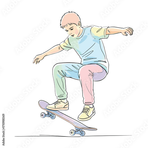 Young boy in pastel colored clothing performing a skateboard trick skateboarding youth