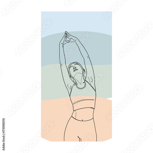 Single line drawing of a woman stretching arms up against abstract pastel background yoga fitness
