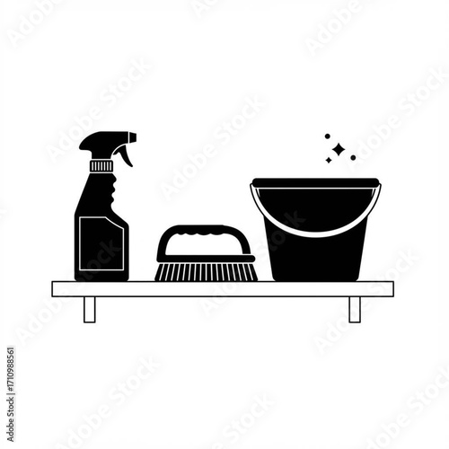 Shelf with cleaners featuring spray bottle, brush, and bucket  