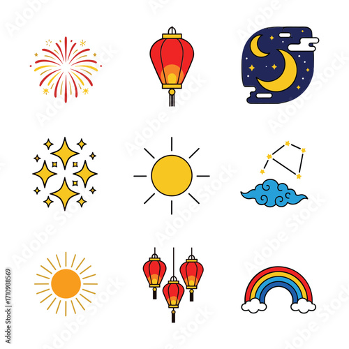 Collection of nine flat design icons featuring celestial bodies lanterns and celebrations icon set illustration
