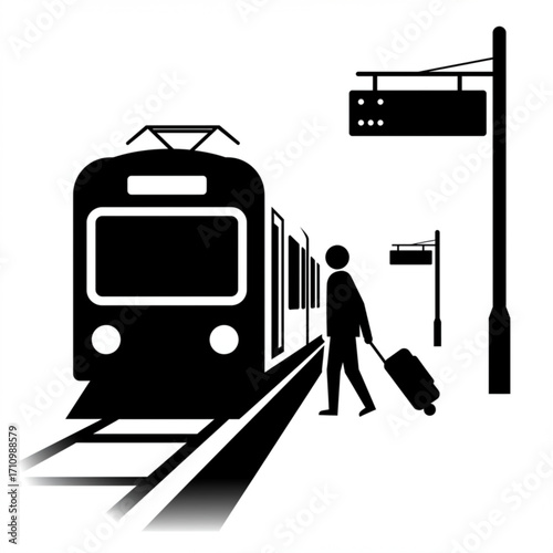 Train station with luggage silhouette: traveler approaching train  
