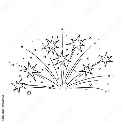 Black and white hand drawn starburst explosion with small circles fireworks