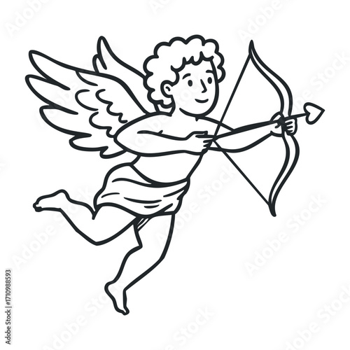Cupid's archery flight fantasy world illustration whimsical aerial view love symbolism. Vector illustration
