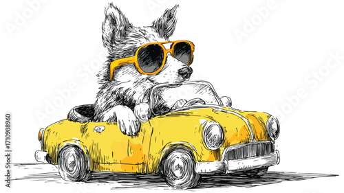 Playful Dog in Sunglasses Driving Toy Car Sketch Image