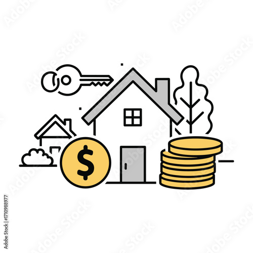 House with key and stack of coins illustration home real estate