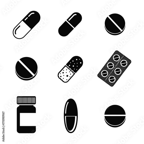 Collection of black and white icons representing pills capsules and medicine bottle pill icon capsule icon